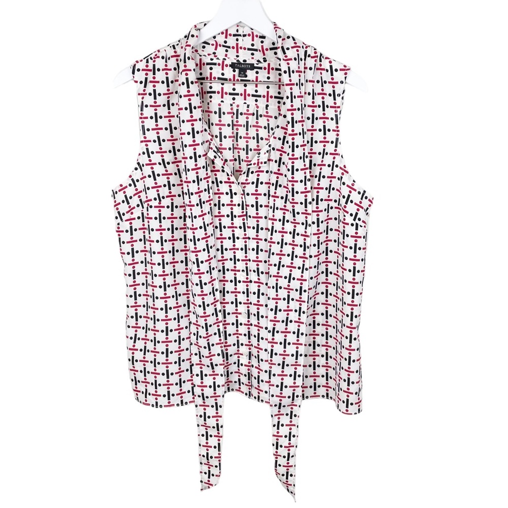 Talbots White Button Front Tie Neck Geometric Printed Blouse Women's Size 14